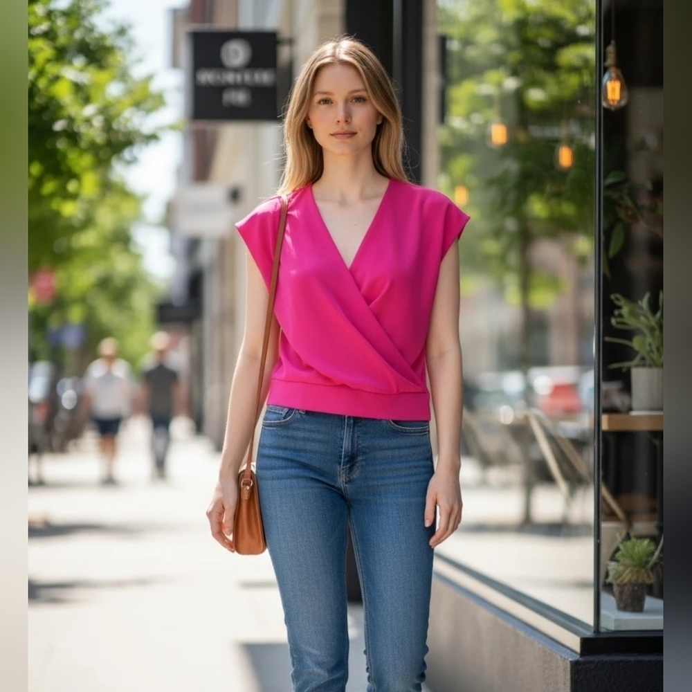 L'ATISTE Fuchsia Pink Wrap Sleeveless Blouse Size Large